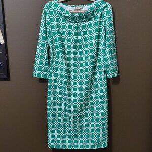 Katherine Way Green & White Geometric 3/4 Sleeve Dress SIZE MEDIUM
